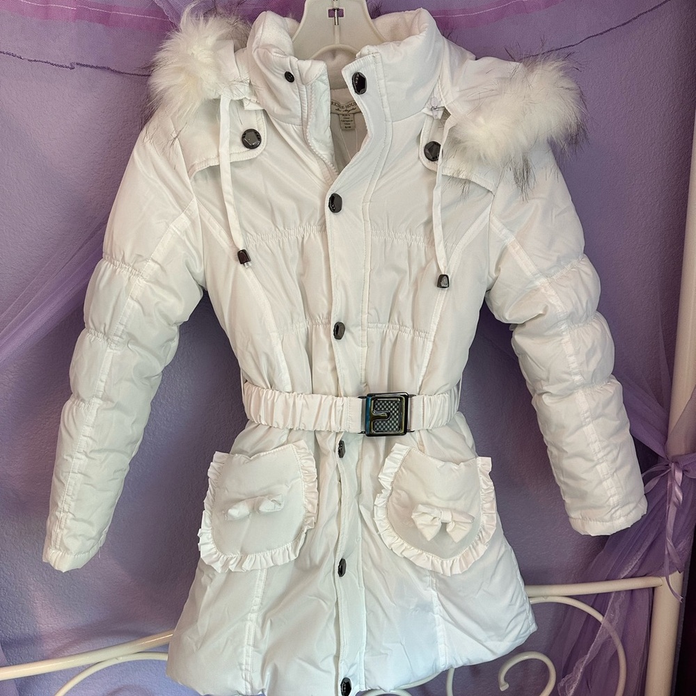 Kids' White Fur-Trimmed Puffer Coat